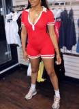 Casual Solid Color Sexy Buttoned V-neck Short-sleeved Jumpsuit
