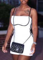 Fashionable One-shoulder Halter Backless Stitching Contrast Color Pleated Hip Dress