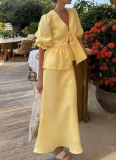 Fashion Puff Sleeve V-Neck Lace-Up Top High Waist Skirt Set