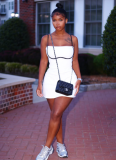 Fashionable One-shoulder Halter Backless Stitching Contrast Color Pleated Hip Dress