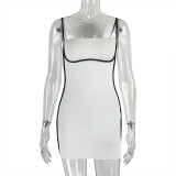 Fashionable One-shoulder Halter Backless Stitching Contrast Color Pleated Hip Dress