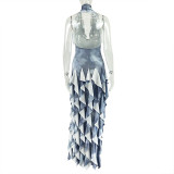 Sexy Halter Neck Long Solid Color Pleated U-neck Waist Tight Skirt Dress