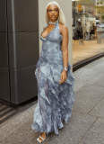 Sexy Halter Neck Long Solid Color Pleated U-neck Waist Tight Skirt Dress