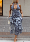 Sexy Halter Neck Long Solid Color Pleated U-neck Waist Tight Skirt Dress