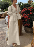 Fashion Puff Sleeve V-Neck Lace-Up Top High Waist Skirt Set