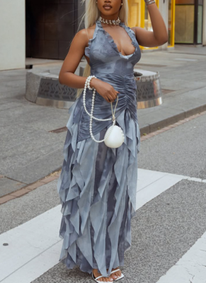 Sexy Halter Neck Long Solid Color Pleated U-neck Waist Tight Skirt Dress