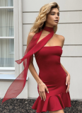 New Style Elegant Tube Top Hip-wrapped Ribbon Lace Dress