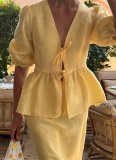 Fashion Puff Sleeve V-Neck Lace-Up Top High Waist Skirt Set