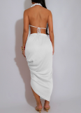 Sexy Deep V Neck Beaded Halter Neck High Slit Solid Color Pleated Dress