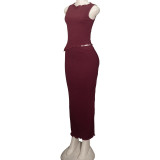 Solid Color Round Neck Unrefined Irregular Top High Waist Long Skirt Slim Fit Suit