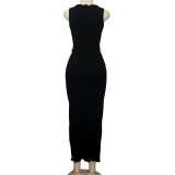 Solid Color Round Neck Unrefined Irregular Top High Waist Long Skirt Slim Fit Suit