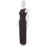 Solid Color Round Neck Unrefined Irregular Top High Waist Long Skirt Slim Fit Suit