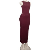 Solid Color Round Neck Unrefined Irregular Top High Waist Long Skirt Slim Fit Suit