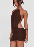 Sexy Backless Lace-up Metal Ring Halter Neck Hip Dress