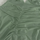 Sexy Deep V Backless Solid Color Pleated Design Waist and Hip Long Fishtail Skirt