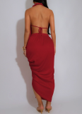 Sexy Deep V Neck Beaded Halter Neck High Slit Solid Color Pleated Dress