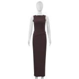 Solid Color Round Neck Unrefined Irregular Top High Waist Long Skirt Slim Fit Suit