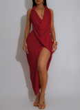 Sexy Deep V Neck Beaded Halter Neck High Slit Solid Color Pleated Dress
