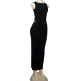 Solid Color Round Neck Unrefined Irregular Top High Waist Long Skirt Slim Fit Suit