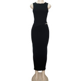 Solid Color Round Neck Unrefined Irregular Top High Waist Long Skirt Slim Fit Suit