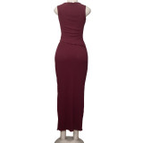 Solid Color Round Neck Unrefined Irregular Top High Waist Long Skirt Slim Fit Suit