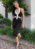 Sexy Contrast Color V-neck Gold Button Halter Neck Backless Top Tight Cropped Pants Set