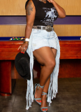 Light Blue Casual Solid Color Fringed Trim Ripped Mid Waist Regular Denim Skirts