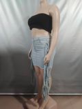 Light Blue Casual Solid Color Fringed Trim Ripped Mid Waist Regular Denim Skirts