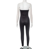 Black Sexy Stripe Backless Strapless Skinny Jumpsuits