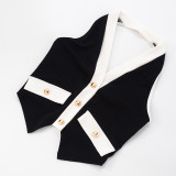 Sexy Contrast Color V-neck Gold Button Halter Neck Backless Top Tight Cropped Pants Set