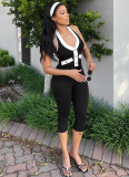 Sexy Contrast Color V-neck Gold Button Halter Neck Backless Top Tight Cropped Pants Set