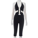 Sexy Contrast Color V-neck Gold Button Halter Neck Backless Top Tight Cropped Pants Set
