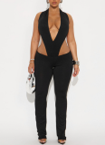 Sexy Solid Color Hollow Out Backless Deep V Neck Sleeveless Two Pieces