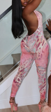 Pink Sexy Print Backless Halter Skinny Jumpsuits