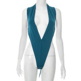 Sexy Solid Color Hollow Out Backless Deep V Neck Sleeveless Two Pieces