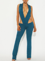 Sexy Solid Color Hollow Out Backless Deep V Neck Sleeveless Two Pieces