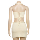 Sexy Halter Neck Beaded Camisole Knitted Slim Skirt Set