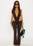 Sexy Solid Color Hollow Out Backless Deep V Neck Sleeveless Two Pieces