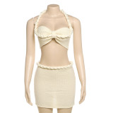 Sexy Halter Neck Beaded Camisole Knitted Slim Skirt Set