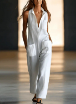 Casual Loose Sleeveless Single Breasted Wide Leg Workwear Jumpsuit