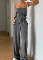 Sexy Ribbed Busty Slit Top Straight Trousers Set