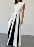Fashion Round Neck Sleeveless Waist Contrast Color Stitching Dress