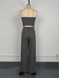 Sexy Ribbed Busty Slit Top Straight Trousers Set