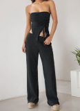 Sexy Ribbed Busty Slit Top Straight Trousers Set