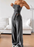 Sexy Ribbed Busty Slit Top Straight Trousers Set