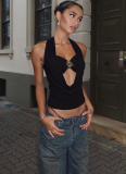 Sexy Solid Color Hollow Out Backless Halter Tops