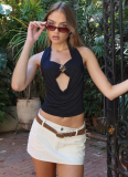 Sexy Solid Color Hollow Out Backless Halter Tops
