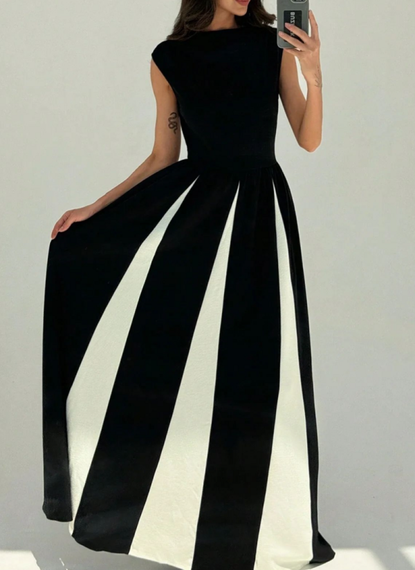 Fashion Round Neck Sleeveless Waist Contrast Color Stitching Dress