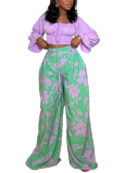 Casual Print Strap Design Square Neck Long Sleeve Two Pieces