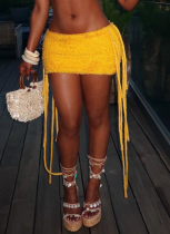 Sexy Solid Color Fringed Trim Regular Mid Waist Patchwork Bottoms